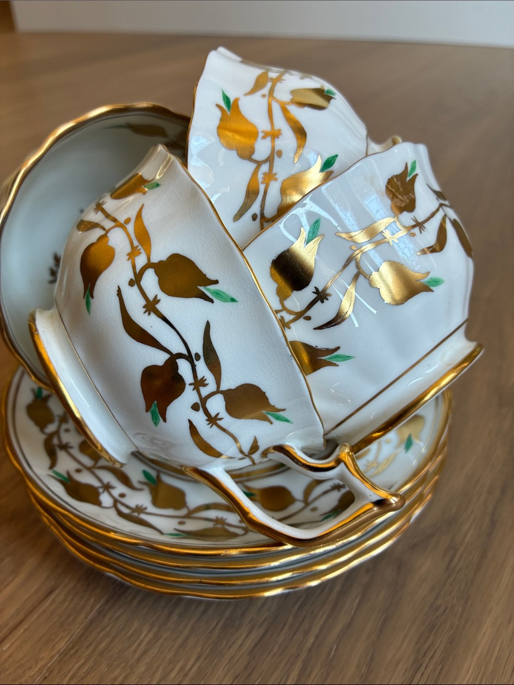 Royal Chelsea Golden Jade 4 Sets Teacups & Saucers, Bone China England 3483A/G J
